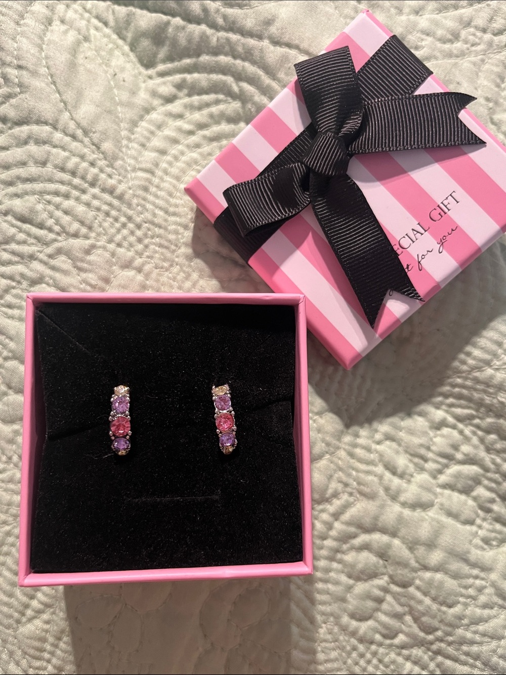 Gold-Tone Pink & Purple Crystal Huggie Earrings